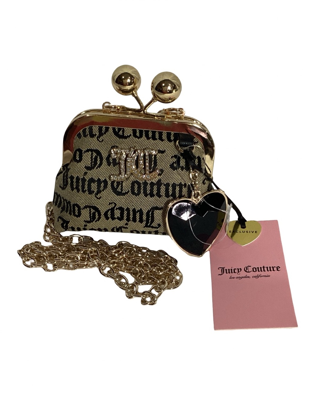 Juicy Couture Black Kisslock Logo Embellished Micro Shoulder Bag Heart Charm NEW